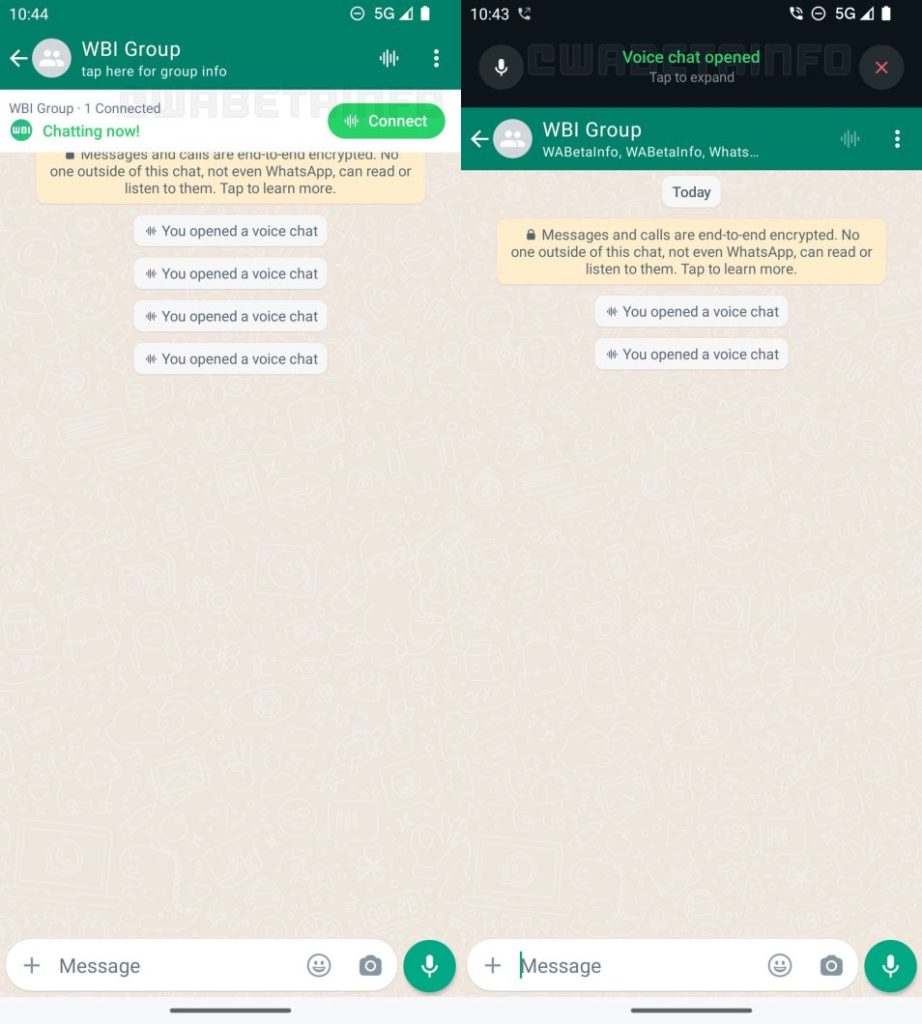 Print de tela da função de bate-papo por voz do WhatsApp, que deve ser lançada em breve na versão beta